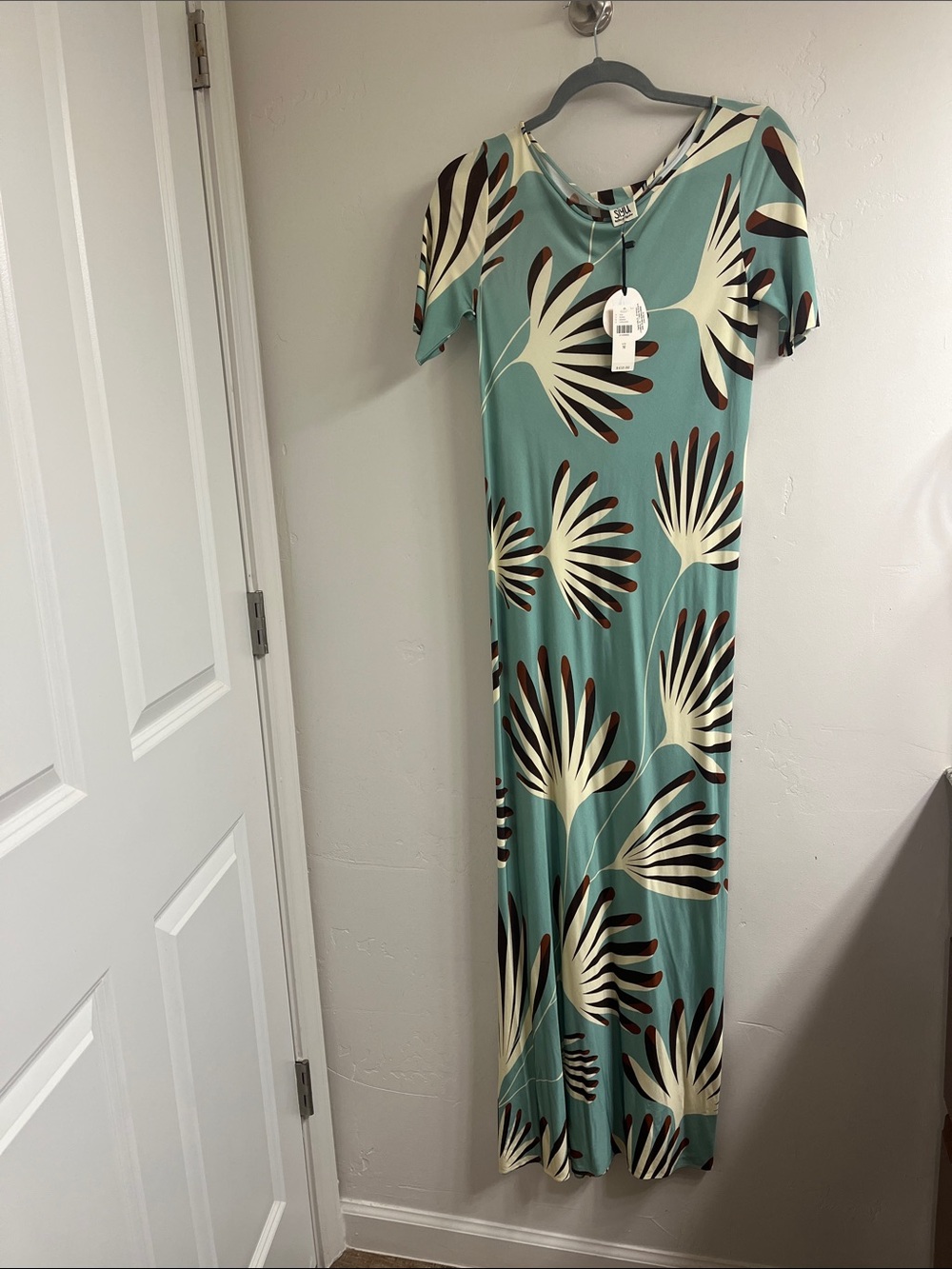 Teal Palm-Print Maxi Dress with Short Sleeve by Siyu made for Anthropologie